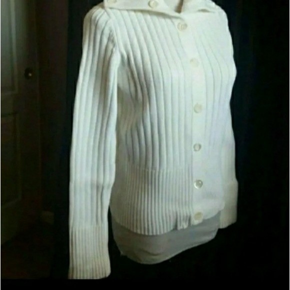 ANN TAYLOR WHITE CARDIGAN CHUNKY KNIT RIBBED MEDIUM WOMENS MEDIUM - Picture 7 of 7